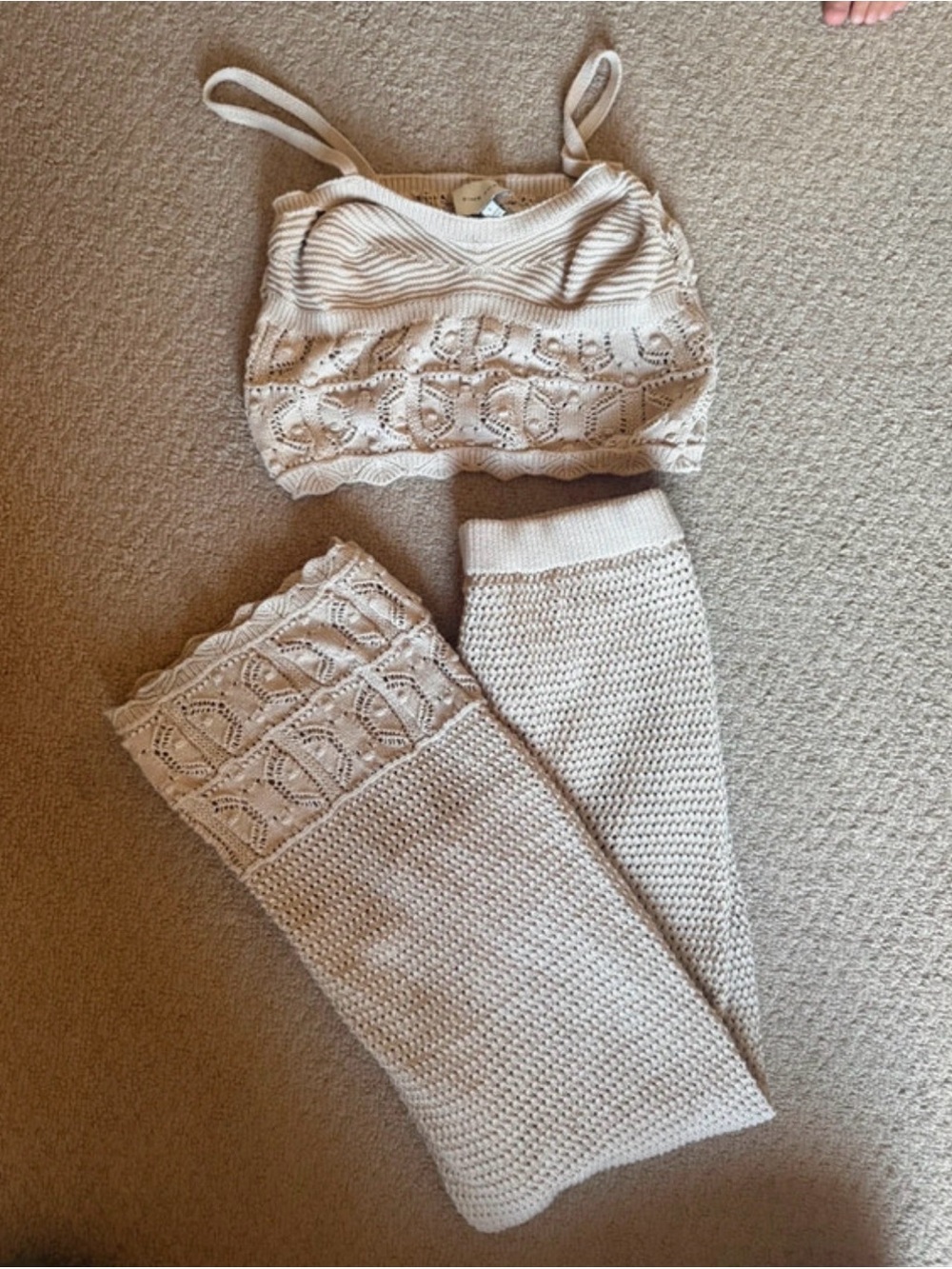 Pink Rose Crochet Knit Bralette and Lounge Pants Set in Cream
